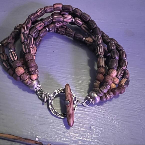 Silpada 925 Sterling Silver Palm Wood Beaded Multi Strand Toggle Bracelet - Picture 9 of 10